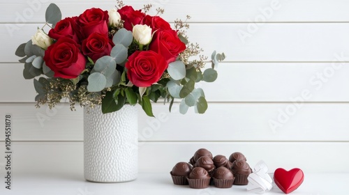 Romantic arrangement with red roses and heart shaped chocolates for special o...