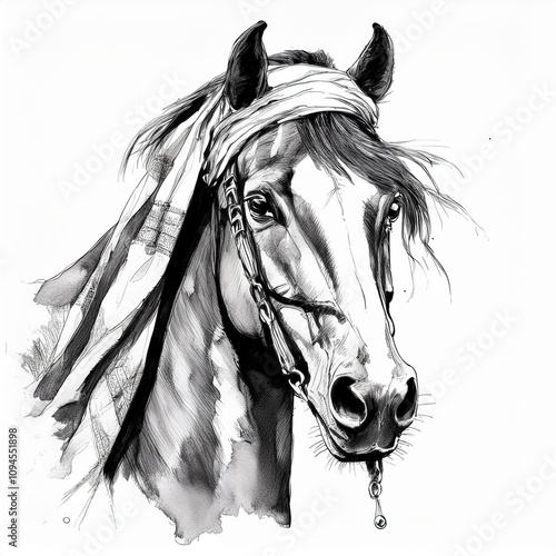 illustration of a horse with headscarf on painted ink sketch drawing isolated on white background	 photo