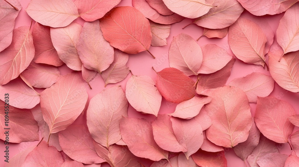Delicate arrangement of dried pink leaves on a soft pink backdrop, showcasing the beauty and tranquility of autumn in a unique natural composition. Delicate arrangement of dried pink leaves on a soft pink backdrop, showcasing the beauty and tranquility of autumn in a unique natural composition.