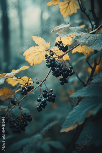 Black currant berries grow on a branch surrounded by lush green leaves in a f...