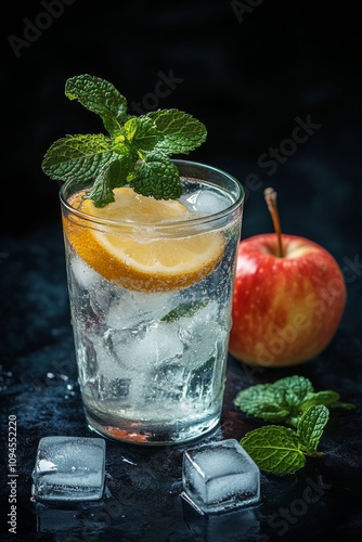 Refreshing drink with lemon and mint beside a fresh apple on a dark background