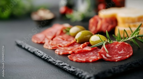 Delicious assortment of cured meats and olives on a slate platter for casual ...