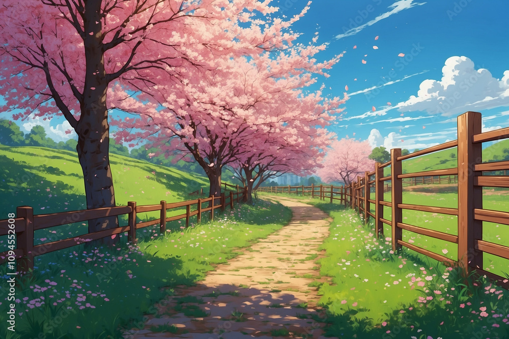 A tranquil path under sakura trees, petals floating softly. Green fields, simple wooden fences, and a vibrant blue sky exude spring's charm, in anime style A tranquil path under sakura trees, petals floating softly. Green fields, simple wooden fences, and a vibrant blue sky exude spring's charm, in anime style
