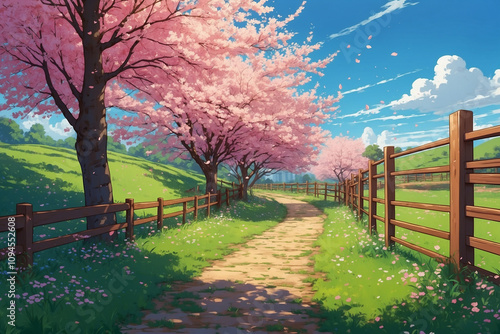 A tranquil path under sakura trees, petals floating softly. Green fields, simple wooden fences, and a vibrant blue sky exude spring's charm, in anime style