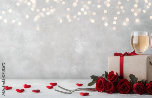 Romantic dinner setting with red roses and wine glasses for a special occasion