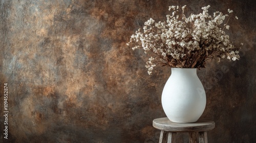 Elegant dried flowers in a simple vase against a textured backdrop