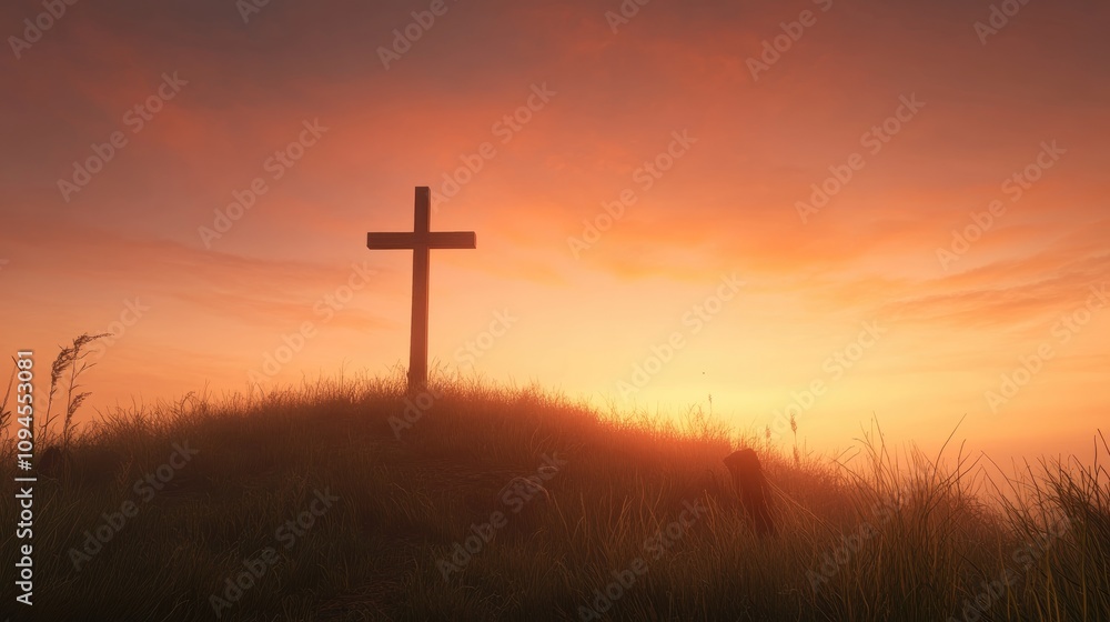 Silhouetted cross on a grassy hill illuminated by a vibrant sunset sky, creating a serene and spiritual atmosphere. Silhouetted cross on a grassy hill illuminated by a vibrant sunset sky, creating a serene and spiritual atmosphere.