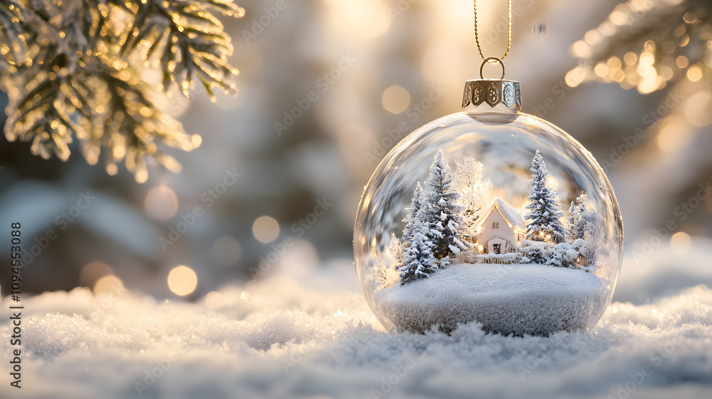 A crystal-clear bauble capturing a snowy scene inside. A crystal-clear bauble capturing a snowy scene inside.