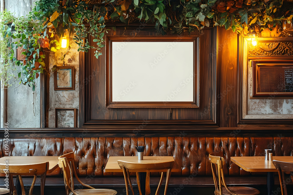 Blank wooden picture frame hanging on a textured wall in a cozy pub interior . image Blank wooden picture frame hanging on a textured wall in a cozy pub interior . image