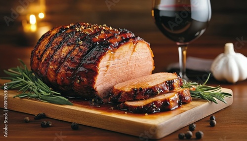 Deliciously cooked glazed ham served with red wine on an elegant wooden table