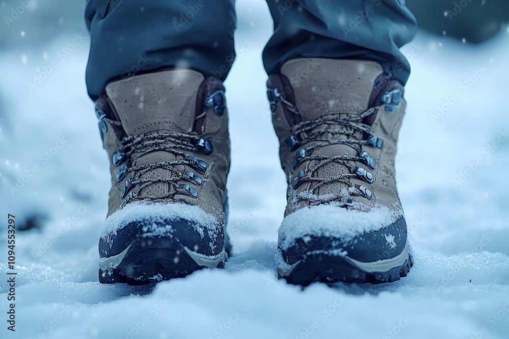 Winter adventures begin with snowboard boots on fresh powder snow. Winter adventures begin with snowboard boots on fresh powder snow.
