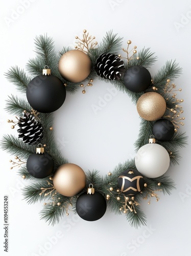 Decorative holiday frame with ornaments and pine branches on a white background