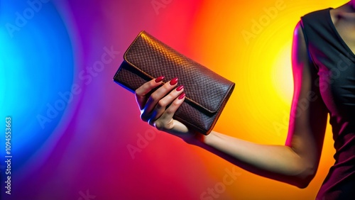 Silhouette of a Female Hand Holding a Wallet Against a Vibrant Colorful Background, Capturing the Essence of Fashion, Finance, and Femininity in Modern Lifestyle Choices