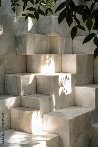 Natural light casting shadows on marble blocks in an outdoor setting with gre...