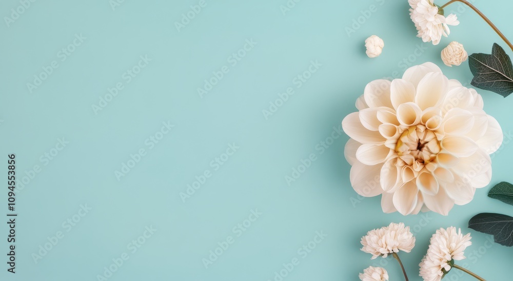 Beautiful white dahlia flower arrangement on a light blue background for decoration purposes Beautiful white dahlia flower arrangement on a light blue background for decoration purposes