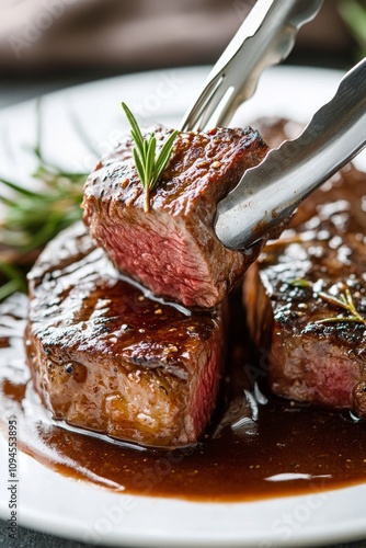 Perfectly cooked steak being garnished with fresh herbs on a white plate