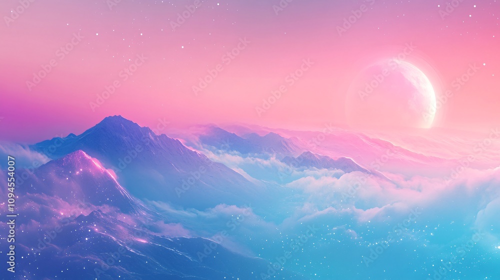 Pink and blue fantasy mountainscape with crescent moon and stars Pink and blue fantasy mountainscape with crescent moon and stars