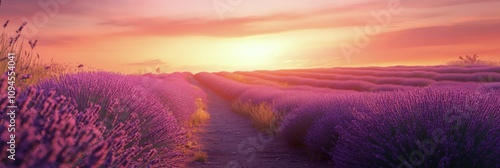 Lavender fields stretch under a colorful sunset in a serene rural landscape