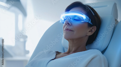 Elegant middle-aged woman in a futuristic medical chair wearing advanced blue LED therapy glasses in a sleek, modern wellness clinic. A symbol of cutting-edge beauty and health.