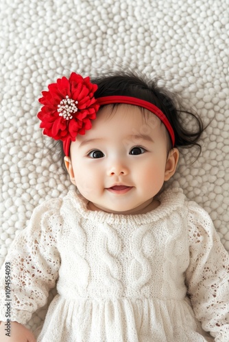 Baby girl in white dress with red flower headband lying on soft blanket