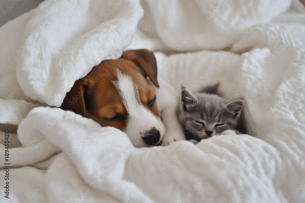Dog Jack Russell Terrier and kitty cat together at home. Dog Jack Russell Terrier and kitty cat together at home.