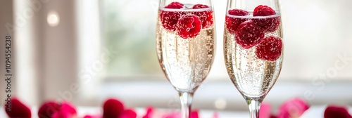 Champagne flutes with raspberries and rose petals for romantic celebration at...