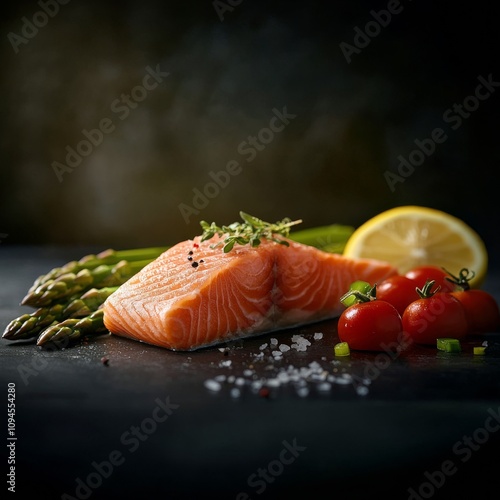 Fresh salmon fillet with asparagus and cherry tomatoes on dark background wit...