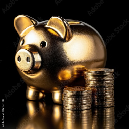 Golden piggy bank surrounded by stacked coins on a dark background
