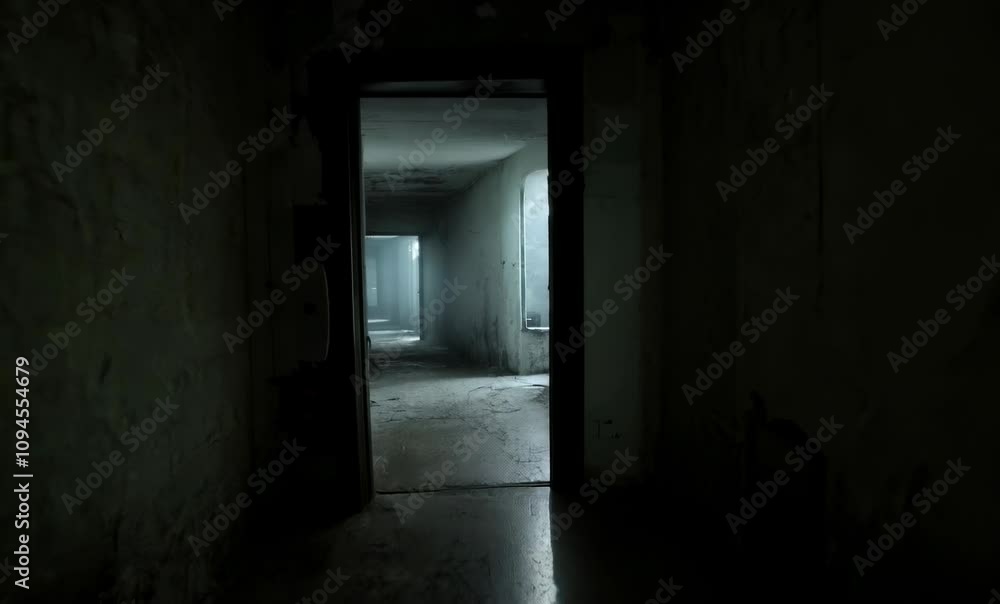 Eerie Shadows in Abandoned Dimly Lit Corridor with Light and Dark Atmosphere Eerie Shadows in Abandoned Dimly Lit Corridor with Light and Dark Atmosphere
