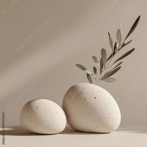 Olive branch and stones arranged in minimalist decor setting with soft lighting