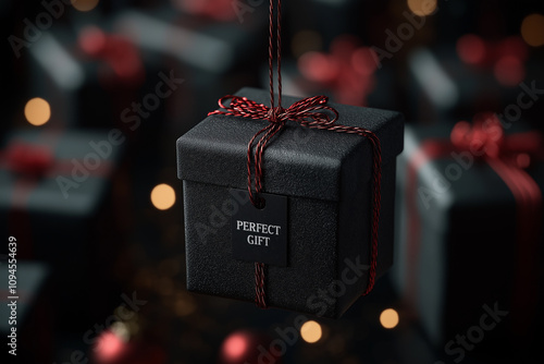 Gift box with red ribbon and copy tag or card. Valentine's day concept. 