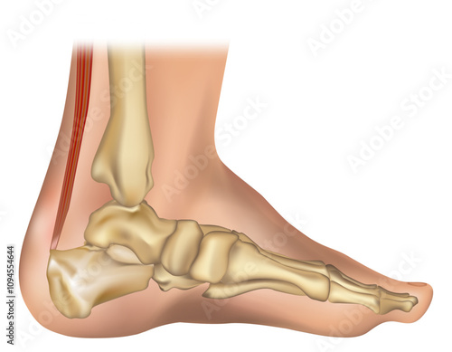 Illustration of a human leg with denominations of the bones of the foot and Achilles tendon. Anatomy of medial or side view of the foot