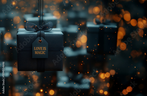 Gift box with red ribbon and copy tag or card. Valentine's day concept. 