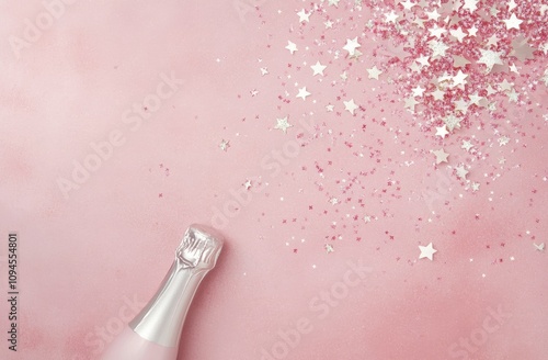 Sparkling champagne bottle with shiny stars on pink background for celebration