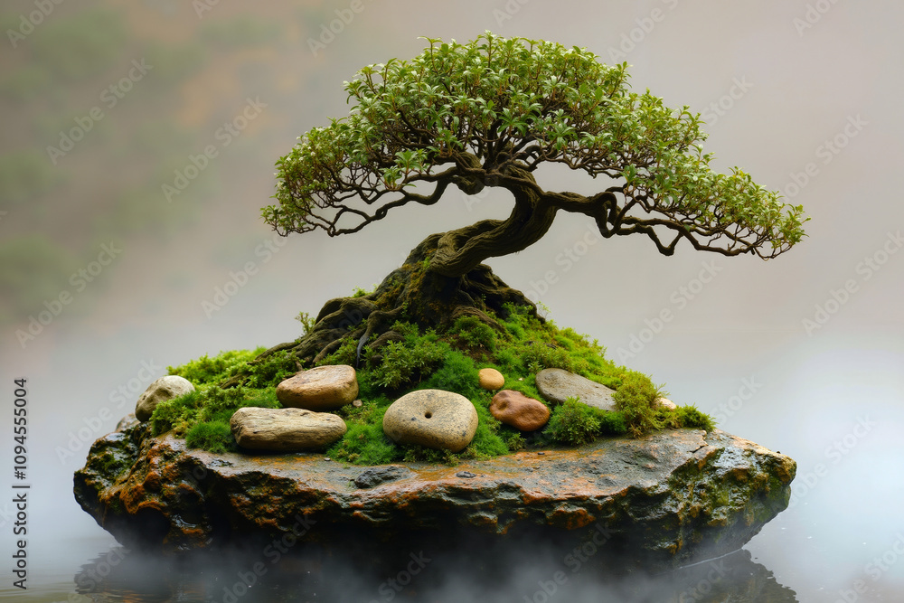A bonsai tree sitting on top of a rock in the middle of a pond A bonsai tree sitting on top of a rock in the middle of a pond