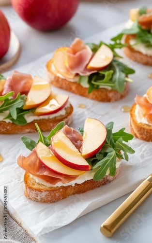 Delicious apple and arugula toast with ham on crisp bread for a healthy snack...