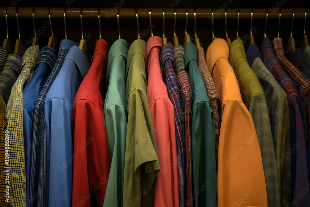 Close up shirts hanging on built in closet. Close up shirts hanging on built in closet.