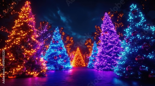 Vibrant Christmas trees richly adorned with colorful lights, illuminating a festive holiday scene under a dark sky. photo