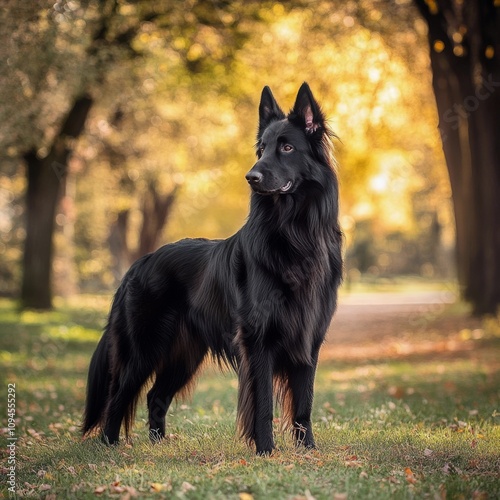 Black dog stands proudly in a park surrounded by golden autumn trees during d...