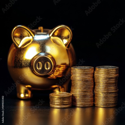 Golden piggy bank surrounded by stacked coins on a dark background