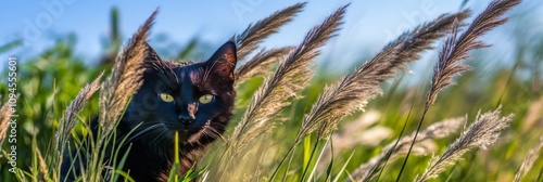 Black cat among tall grass under clear blue sky in a serene natural setting