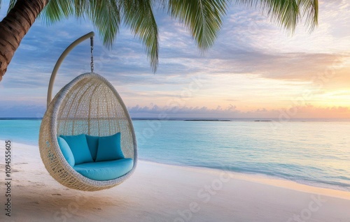 Tranquil beach setting with a hanging chair by the water at sunset
