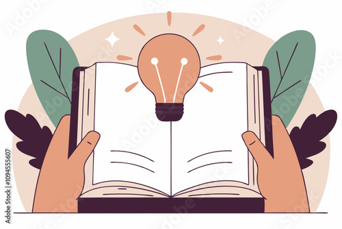 Knowledge or education, study or learning new skill, creativity or idea, reading book for inspiration, discover solution or literature, wisdom concept, hand holds open book to discover lightbulb idea
