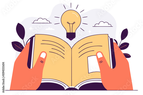 Knowledge or education, study or learning new skill, creativity or idea, reading book for inspiration, discover solution or literature, wisdom concept, hand holds open book to discover lightbulb idea
