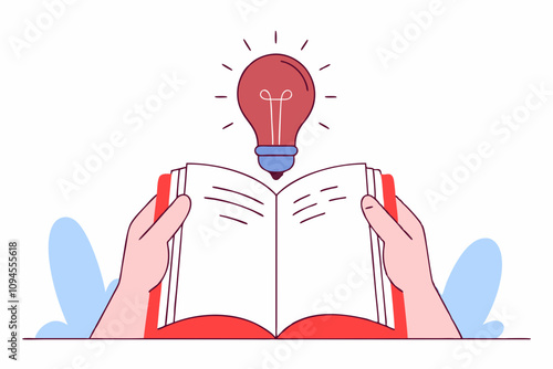 Knowledge or education, study or learning new skill, creativity or idea, reading book for inspiration, discover solution or literature, wisdom concept, hand holds open book to discover lightbulb idea
