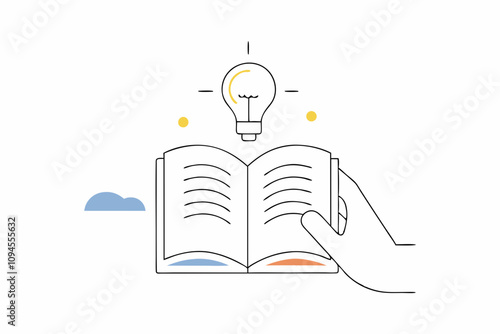 Knowledge or education, study or learning new skill, creativity or idea, reading book for inspiration, discover solution or literature, wisdom concept, hand holds open book to discover lightbulb idea
