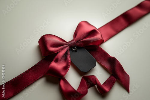 Red ribbon or gift bow with copy tag isolated on white background.
