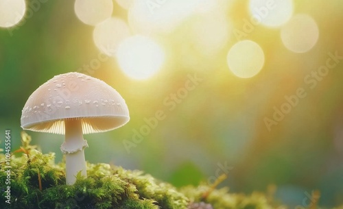 Mushroom growing in soft sunlight with gentle bokeh effect in a lush grassy area