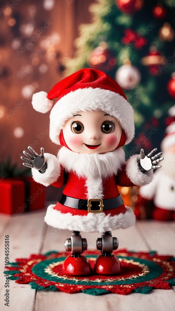 Happy girl robot with metallic limbs in Santa Claus costume waving Happy girl robot with metallic limbs in Santa Claus costume waving