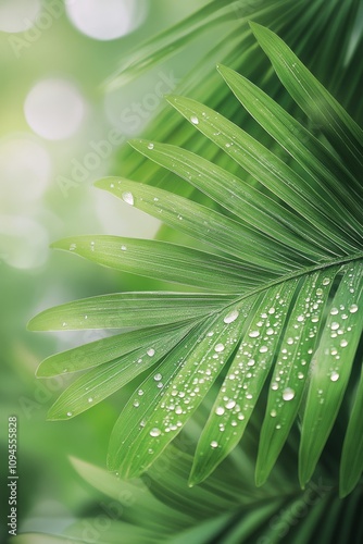 Close view of green palm leaves glistening with water droplets during a sunny...